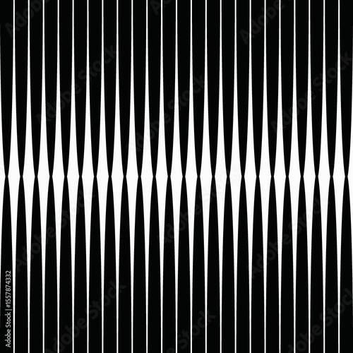 set of barcode, striking black and white pattern, vertical lines, top and bottom, inward-pointing wedges, pinched, across the middle, illusion of depth, white space between the black lines mirrors 