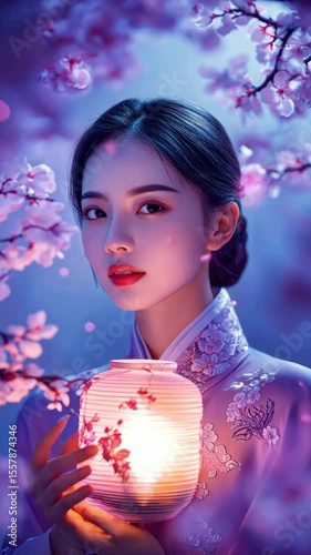 Young woman in traditional dress, holding a glowing lantern amongst cherry blossoms.