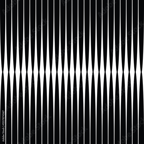 set of barcode, striking black and white pattern, vertical lines, top and bottom, inward-pointing wedges, pinched, across the middle, illusion of depth, white space between the black lines mirrors 