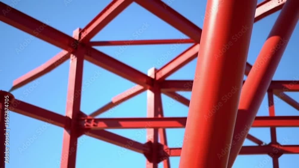 Red steel beams framing modern construction site under clear blue sky
Red steel beams framing modern construction site under clear blue sky