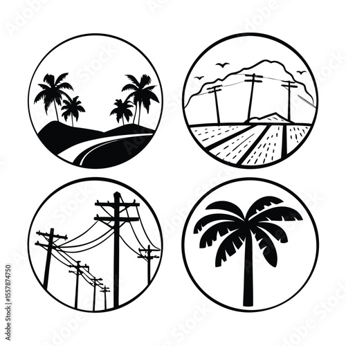 rural Industrial Icon set with palm trees power poles landscapes beach tree summer tropical vector sea island sun tropical utility poles black white vector set 