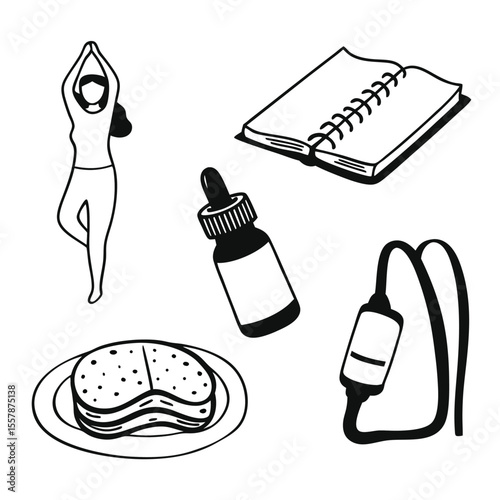 wellness lifestyle line Icons with sleep mask Journal and Oils fitness and health icons sleep hygiene icons journaling icon vector wellness ui icons food vector  stretching figure icons