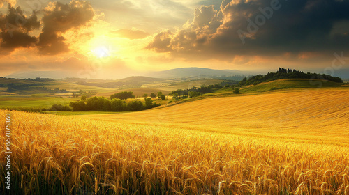 A vast golden wheat field bathed in warm sunset light, gently rolling hills in the background under a soft sky. This serene agricultural landscape evokes themes of harvest, nature’s bounty, rural tran
