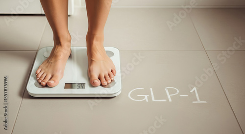 Individual is weighing themselves on a digital scale, with health notes written on the floor GLP-1, highlighting personal wellness journey