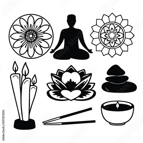 monoline mindfulness Icons set with meditation Zen and mandala mindful living icons vector icon flower illustration design symbol set pattern holistic wellness icons peaceful living icons spiritual 