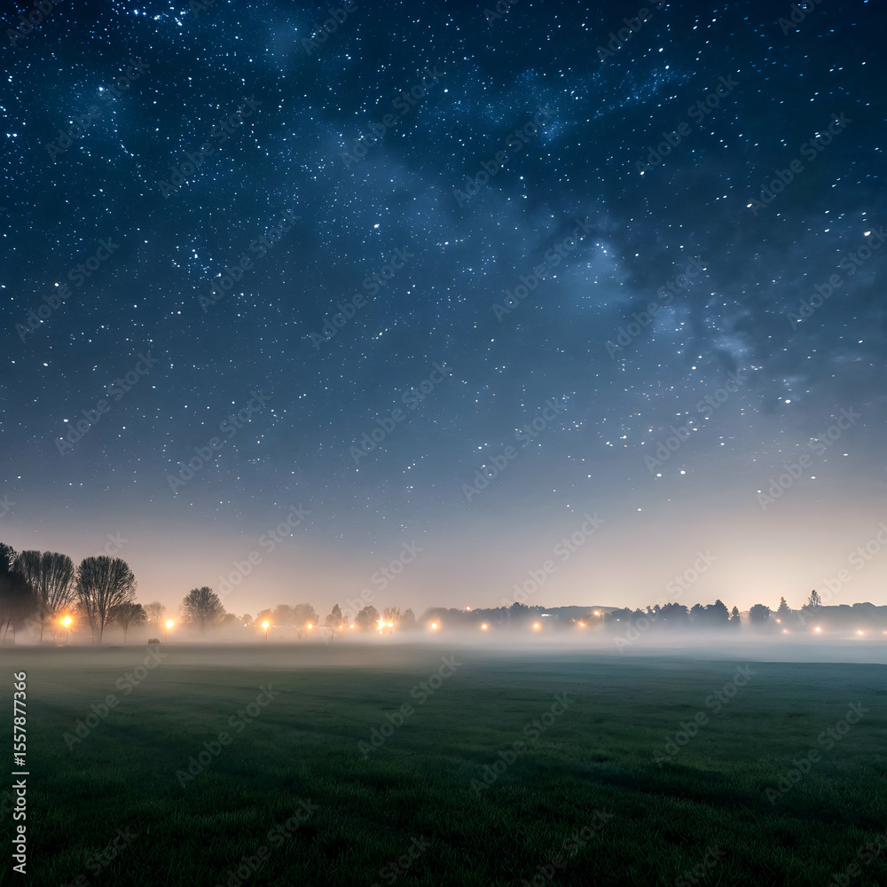 Fototapeta premium Starry night over misty field and distant cityscape wide view