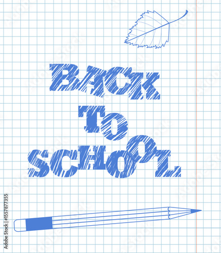 Illustration showcases the back to school theme with bold text on graph paper, accompanied by a pencil and a leaf. Ideal for educational materials or seasonal promotions