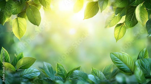 Green Blurred Background with Sunlight and Leaves – Bokeh Effect with Copy Space for Natural Banner Template Design