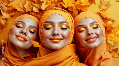 Autumn beauty: Three models in orange, surrounded by fall leaves.