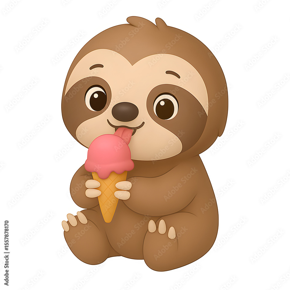 Obraz premium Adorable Baby Sloth Enjoying a Sweet Strawberry Ice Cream Cone on a Warm Summer Day Transparent Background
