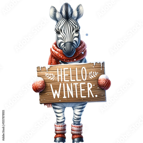 Zebra Welcomes Winter: An illustrated zebra, dressed in a cozy scarf and mittens, holds a wooden sign that warmly welcomes winter. This whimsical artwork celebrates the joy of the season.