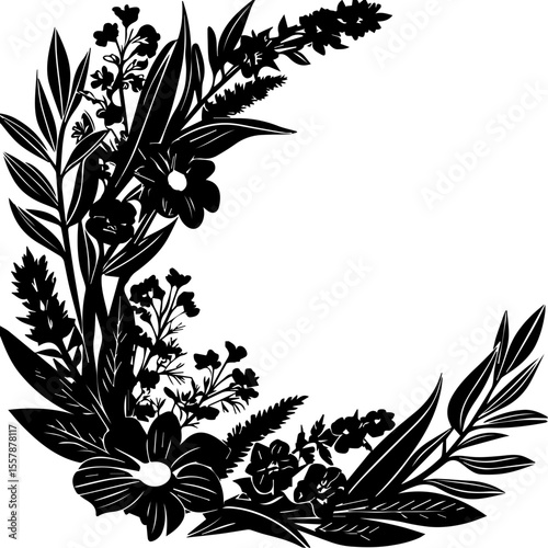 Decorative flower art with foliage, natural leaves, and herbs, SVG with clean lines. Elegant Floral Border Design with Intricate Leaf Patterns