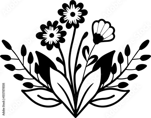 Decorative flower art with foliage, natural leaves, and herbs, SVG with clean lines. Elegant floral design with abstract leaves and blossoms
