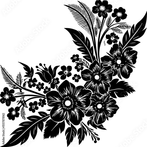Decorative flower art with foliage, natural leaves, and herbs, SVG with clean lines. Elegant Black Floral Arrangement with Leaves and Petals