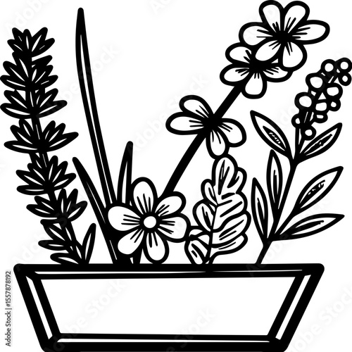 Decorative flower art with foliage, natural leaves, and herbs, SVG with clean lines. Hand-Drawn Floral Arrangement in a Flower Pot Design