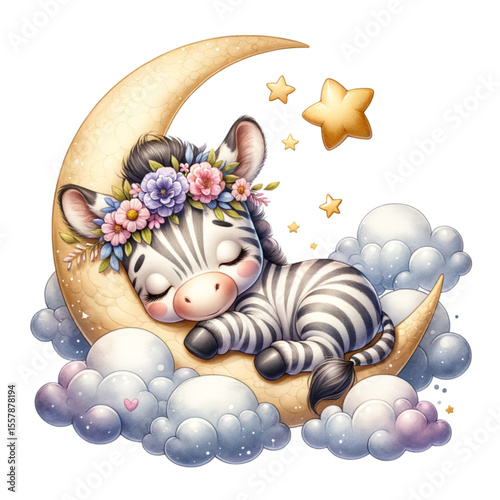 Dreamy Zebra's Celestial Slumber: An adorable zebra, adorned with a floral crown, drifts peacefully on a crescent moon amid fluffy clouds and twinkling stars.