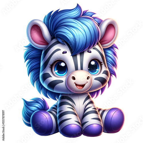 Playful Zebra Cub: A whimsical and adorable zebra cub with a vibrant blue mane and charming expression, set against a clean backdrop, exuding playful energy and a touch of fantasy.