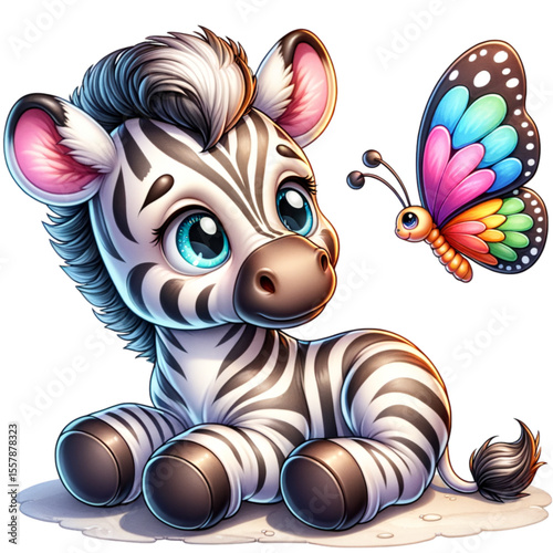 Zebra and Butterfly: A whimsical illustration of a zebra foal gazing curiously at a colorful butterfly.