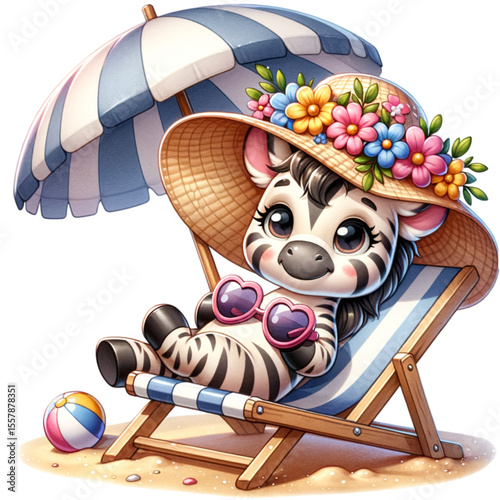 Beach Zebra Relaxation: An adorable cartoon zebra enjoys a day at the beach. sunbathing under an umbrella. The zebra wears a hat and sunglasses, capturing the essence of fun and relaxation