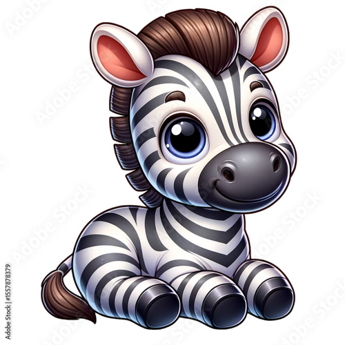 Cute Zebra Cartoon: A delightful cartoon illustration of a baby zebra with large, innocent eyes and classic black and white stripes sits playfully.