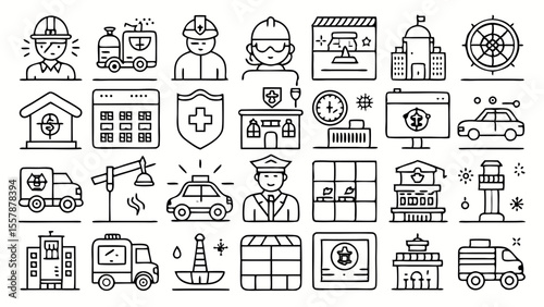 Collection of line art icons representing public services and professions isolated on white background
