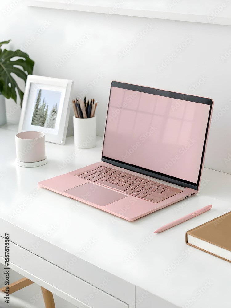 Pink laptop displaying product video modern white desk setup Pink laptop displaying product video modern white desk setup
