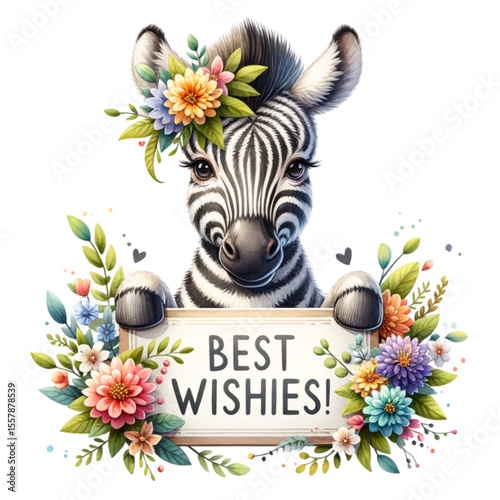 Zebra Cub with a Cheerful Greeting: A cute zebra cub, adorned with a floral wreath, peeks over a sign that reads "Best Wishes!", a heartwarming image suitable for various celebratory events.