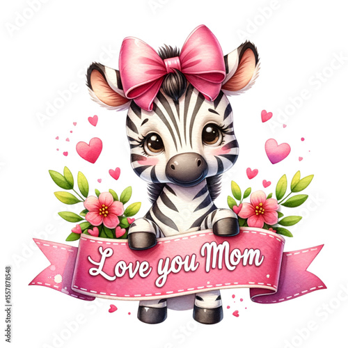 Adorable Zebra's Affection: An endearing zebra, adorned with a pink bow and hearts, presents a banner that proclaims "Love you Mom", conveying a message of affection and appreciation. 