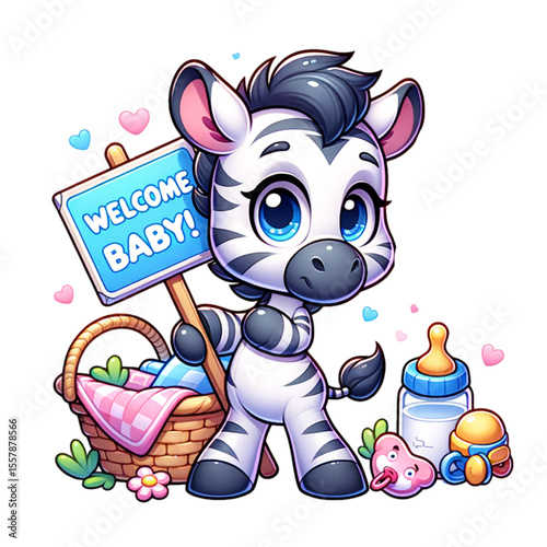 Baby Zebra with Welcoming sign: A cute cartoon zebra cheerfully holding a welcome baby sign with a delightful smile. Surrounding the scene are heartwarming elements of a baby basket, feeding bottle.