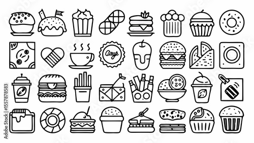 Collection of hand drawn fast food and sweet treat icons isolated on white background