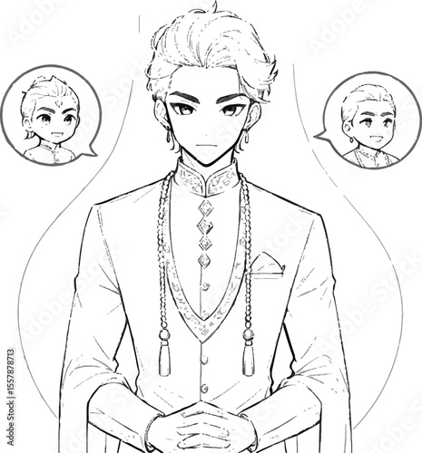 Illustration of a thoughtful illustration of a man in a suit, his expression serious and composed, surrounded by smaller sketches of his face