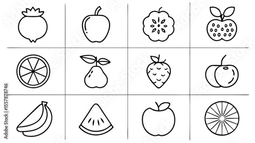 Collection of simple line art fruit icons including apples pears bananas strawberries oranges and watermelon isolated on white background