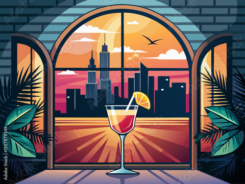 vector of Sunset with a cocktail in Chicago: the elegance of the city is seen through the window