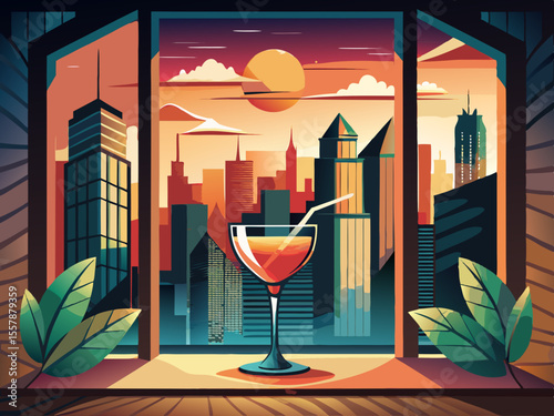 vector of Sunset with a cocktail in Chicago: the elegance of the city is seen through the window