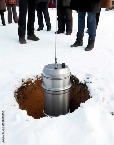 A time capsule burial ceremony on New Years Day: Encapsulating memories and hopes to be unearthed and revealed in a distant future, preserving the past for generations.