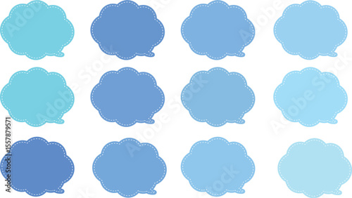 All the bubbles have a distinctive, rounded, cloud-like, or scalloped edge design. This vector image features twelve speech bubbles. Speech bubble with a white dashed line inside