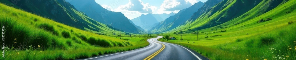 Fototapeta premium Asphalt ribbon winds through lush green mountains , nature, vibrant