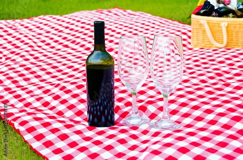 Valentines Day picnic evokes romance: A checkered blanket spread for an intimate outdoor meal, complete with a bottle of wine, celebrating love and togetherness.