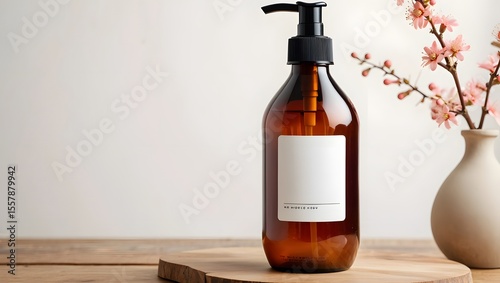 Amber Glass Shampoo Bottle Mockup with White Label and Pink Flowers