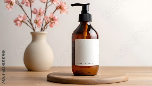 Amber Glass Shampoo Bottle Mockup with White Label and Pink Flowers
