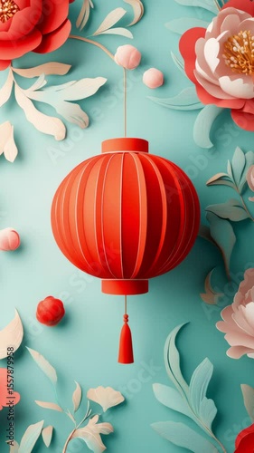 Chinese New Year. Red paper lantern hangs amongst delicate paper flowers. Festive and elegant.