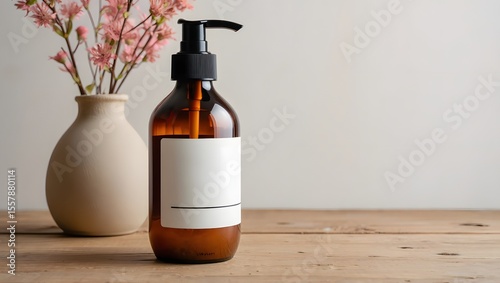 Amber Glass Shampoo Bottle Mockup with White Label and Pink Flowers
