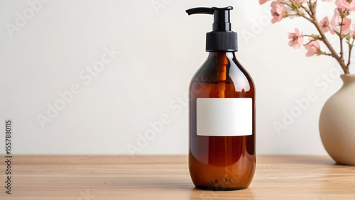 Amber Glass Shampoo Bottle Mockup with White Label and Pink Flowers