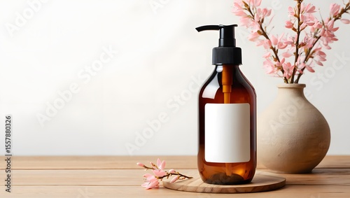 Amber Glass Shampoo Bottle Mockup with White Label and Pink Flowers