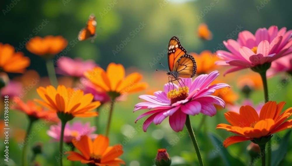 Fototapeta premium Colorful marguerites in a garden with coccinelle butterflies dancing around them, outdoor, wildlife