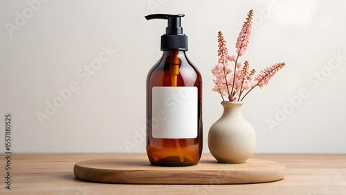 Amber Glass Shampoo Bottle Mockup with White Label and Pink Flowers