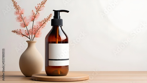Amber Glass Shampoo Bottle Mockup with White Label and Pink Flowers