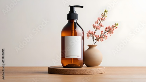 Amber Glass Shampoo Bottle Mockup with White Label and Pink Flowers