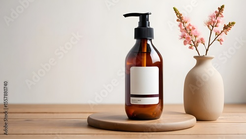 Amber Glass Shampoo Bottle Mockup with White Label and Pink Flowers