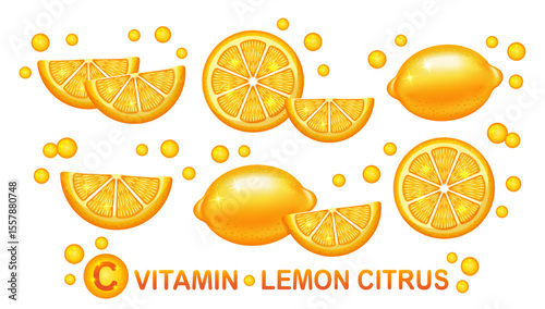 Lemon citrus juicy fruit, citrous lime, sour citron, vitamin C medicine. Fresh yellow mandarin orange. Tropical exotic grapefruit whole and cut sliced. Citric acid. Lemonade juice healthy food. Vector
